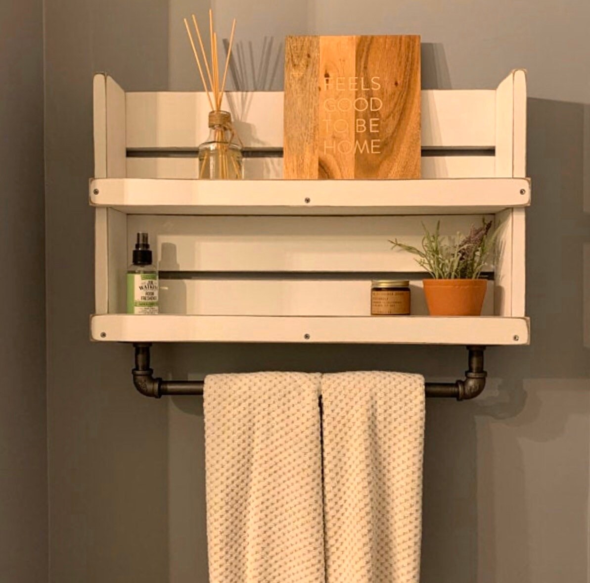 Bathroom Shelf With Towel Bar White Distressed Wood Bathroom Etsy