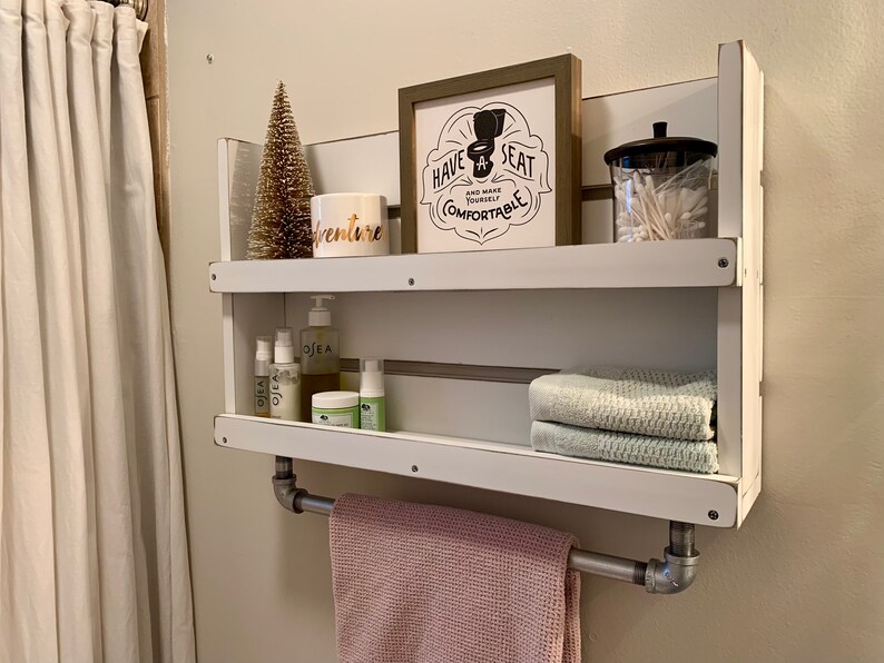 Bathroom Shelf With Towel Bar White Distressed Shelf Wood Etsy
