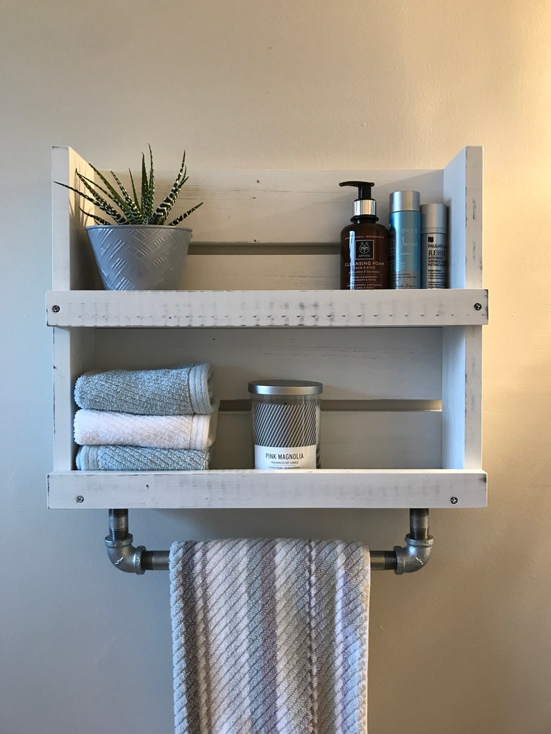 Bathroom Shelf With Towel Bar White Distressed Shelf Wood Etsy
