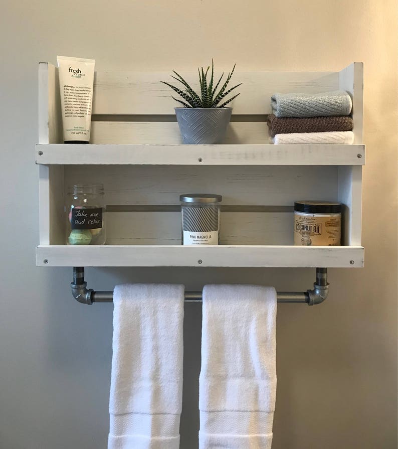 Bathroom Shelf With Towel Bar White Distressed Wood Shelf Etsy