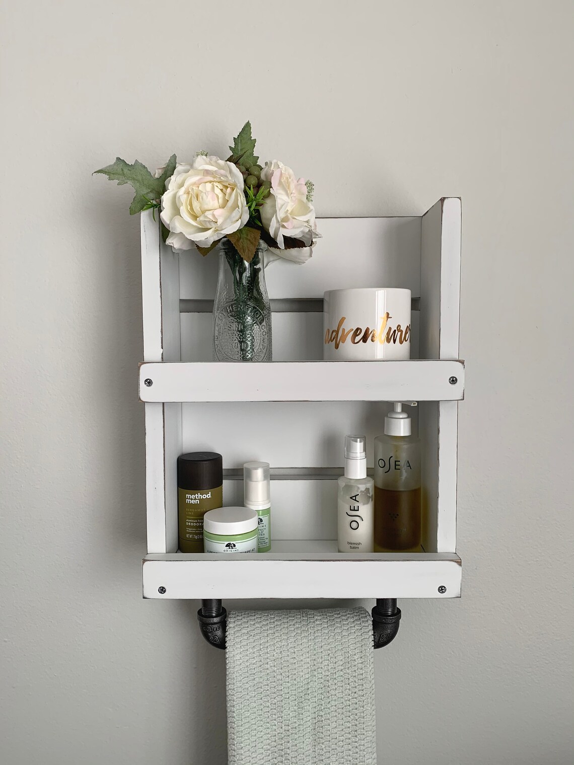 Bathroom Shelf With Towel Bar White Distressed Wood Shelf Etsy