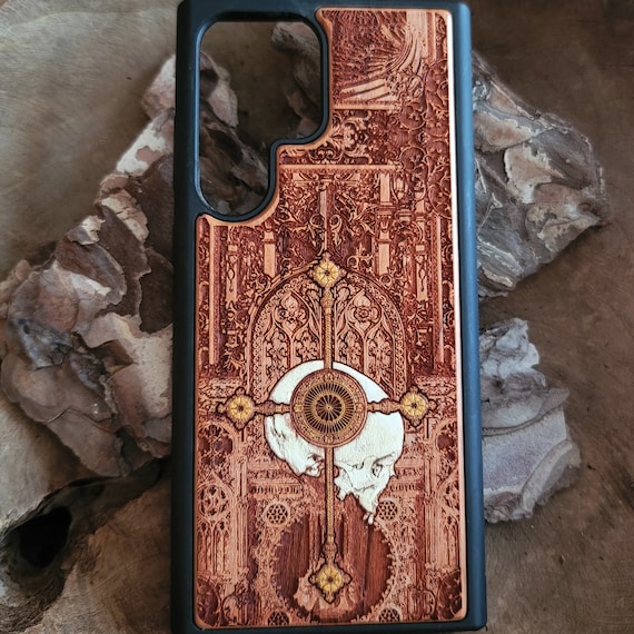 iPhone & Galaxy Skull Phone Case: Gothic Art, Laser-Engraved Hand Painted Wood Design
