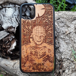 iPhone 16, 15, 14, 13, 12, 11 Pro Max & Galaxy S25, S24, S23, S22 Horror Pinhead Wood Phone Case – Dark Art