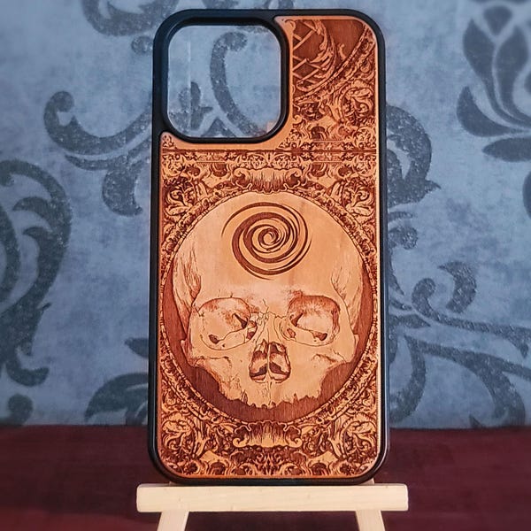 スパイラルスカル、彫刻入り本物の木製iPhone、Galaxy、Pixel用スマホケース