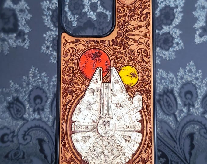 Sci-Fi Spaceship Hand-Painted Engraved Real Wood Phone Case for iPhone & Galaxy