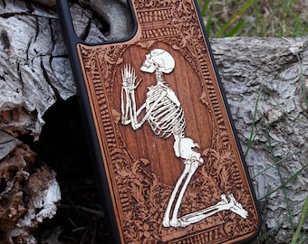 iPhone 17 16 15 & Galaxy S26 S25 S24 Praying Skeleton Wood Phone Case