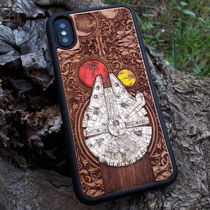 Hand-Painted Wooden Space Ship Phone Case: Sci-Fi Art