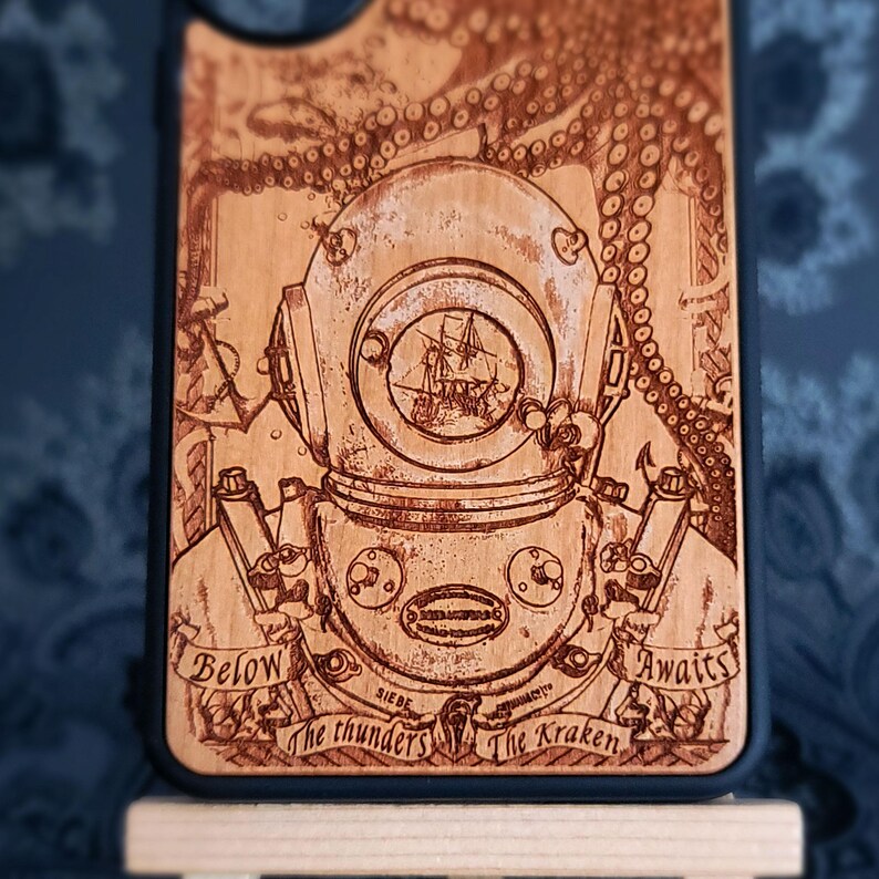Close-up of Kraken tentacles surrounding a deep sea diving helmet with detailed nautical engraving on real wood