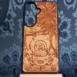 Deep sea diver phone case for Galaxy S26 Ultra with Kraken tentacles engraved on natural wood