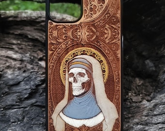 iPhone 17 16 15 & Galaxy S26 S25 S24 Skeleton Nun Wood Phone Case