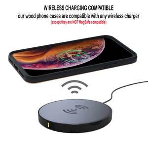 May include: A wood phone case on a wireless charger with text stating: WIRELESS CHARGING COMPATIBLE, our wood phone cases are compatible with any wireless charger (except they are NOT MagSafe compatible). The phone screen shows a charging icon.