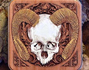 Horned Skull Wood Wireless Charger: Gothic Tech Gift