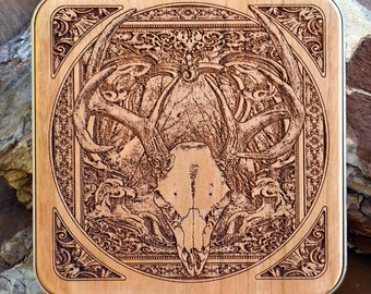 Birthday Tech Accessory Gift for Him | Wood Wireless Charger | Deer Skull Engraved | Fast Charging 15W Power | Smartphone Charging Pad