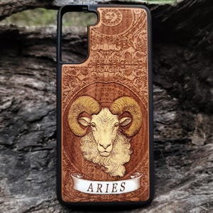Aries Zodiac Phone Case – Hand-Painted Wood Case for iPhone 16 15 14 & Galaxy S25 S24 – Horoscope Gift with Deep Laser Engraving