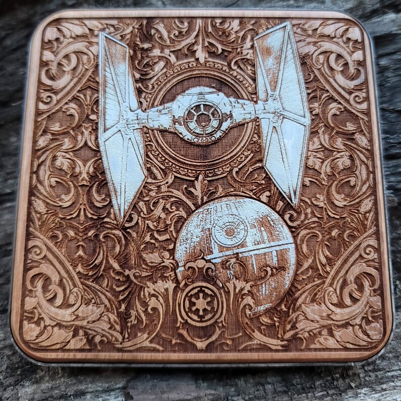 Laser-engraved wood wireless charger featuring a galactic spacecraft and celestial design. Fast 15W Qi charging for iPhone 16, Galaxy S25 & all Qi-enabled phones.