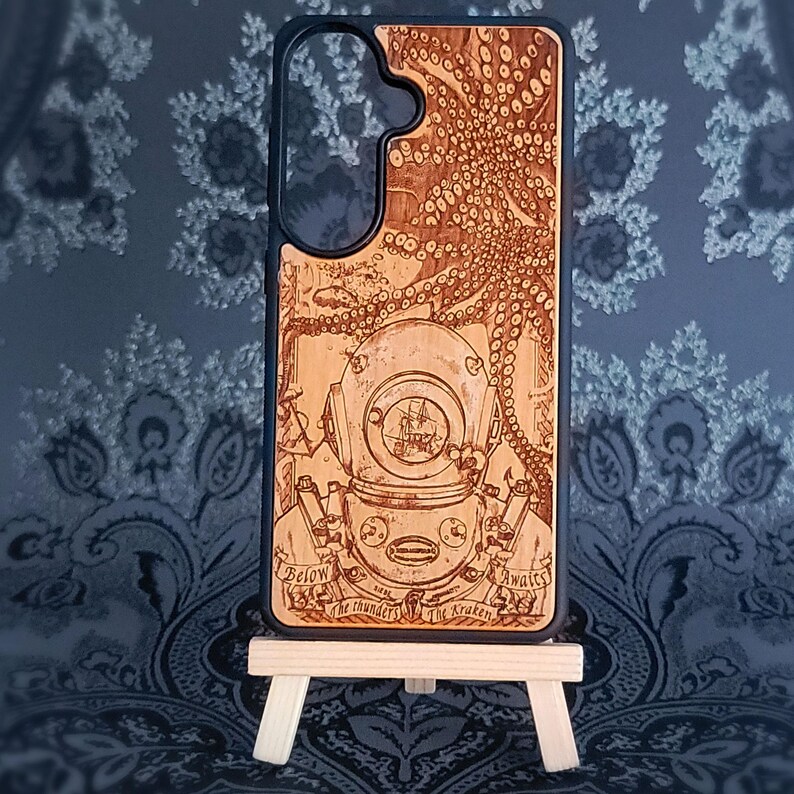 Nautical phone case for Galaxy S25 Plus with engraved deep sea helmet ship and Kraken design
