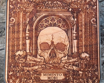 Wireless Phone Charger: Memento Mori Wood Laser Engraved Skull & Bones