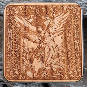 Saint Michael the Archangel, Stylish Tech Gift, Tech Accessory for Women, Gadget for Men, Wood Wireless Charger, Anniversary Present Idea