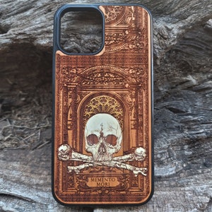 Memento Mori Skull & Bones Phone Case | Hand-Painted Wood Art for iPhone 16-11 Pro Max / Galaxy S24-S20 Ultra | Gothic Design