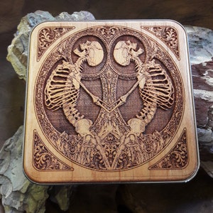 Birthday Tech Accessory Gift for Him / Her | Unique Wood Wireless Charger | Gothic Artwork | Stumbled Skeletons Laser Engraved