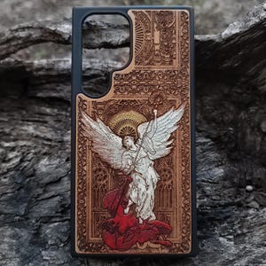 Coque de portable protectrice Saint Michael en bois d'ange - Compatible avec iPhone 16-11 et Galaxy S24-S20 Ultra Plus - Cadeau artistique spirituel parfait