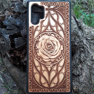 Rose Engraved Wood Phone Case for Galaxy S24-S20, Note 20 Ultra, iPhone 16-11 Pro Max Mini | Floral Gothic Cover