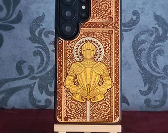 iPhone & Galaxy Armored Knight Wood Phone Case: Hand-Painted Medieval Art