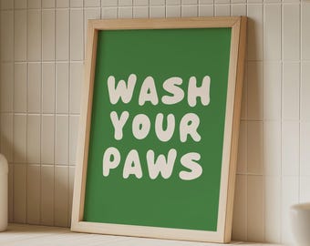 Kleurrijke kinderbadkamerkunst - Wash Your Paws-print, groen typografiedecor (digitale download)