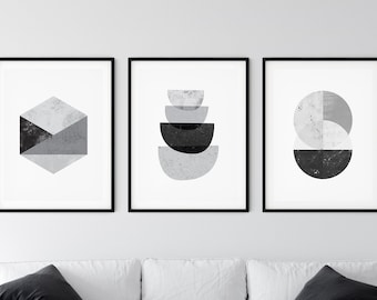 Boho abstract wall art, Printable wall art, Set of 3 prints, Geometric wall art, Extra large wall art, Black and white art