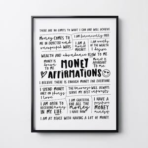 Puede incluir: Una lámina de arte mural enmarcada en blanco y negro con el texto MONEY AFFIRMATIONS en letras grandes y negritas, rodeado de varias frases motivacionales escritas a mano sobre riqueza, abundancia y éxito financiero, incluyendo un corazón y una cara sonriente.