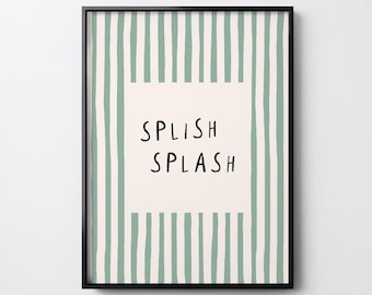 Bathroom Wall Art - Splish Splash Print, Playful Green Striped Bathroom Decor (Digital Download)