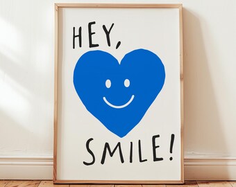Hey Smile-poster, print blauw hart smileygezicht, grillig eclectisch decor digitale download