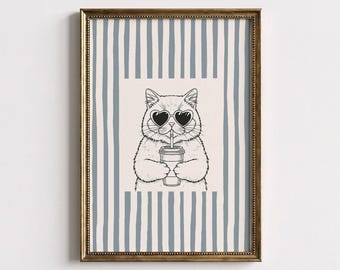 Neutrale Wohnung Wand Kunst, Katze trinkt Kaffee Druck, Küche Dekor (Digitaler Download)