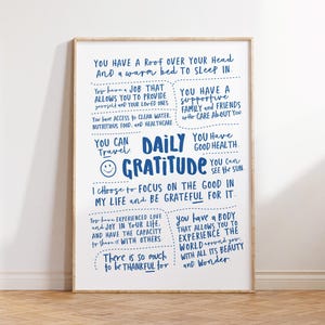 Daily Gratitude Poster Printable Wall Art Blue Inspirational Quotes Print Positive Affirmations Wall Decor Digital Art Downloads