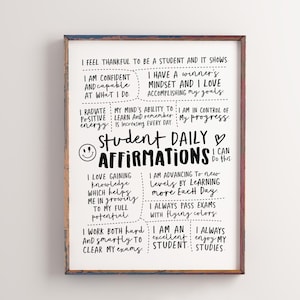 Arte de parede com afirmações positivas para crianças e estudantes, pôster imprimível para inspirar bem-estar, decoração divertida para toda a família.