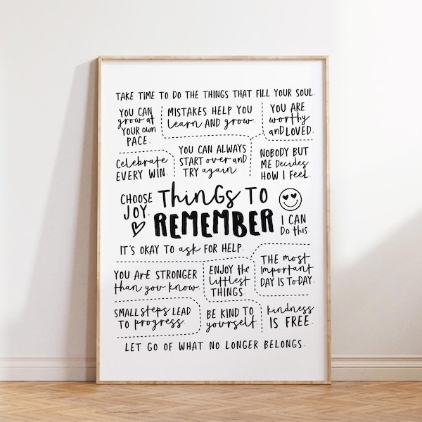 Positieve affirmaties print - dingen om te onthouden, kalmerende hoekmuurkunst (digitale download)