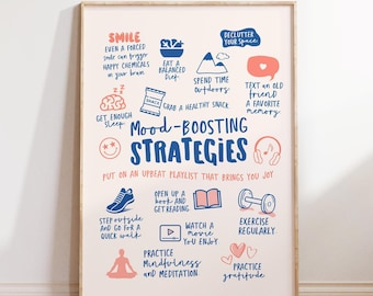 Mental Health Mood Boosting Strategies Poster, Therapy Office Decor (Digital Download)