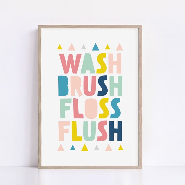 Kids Bathroom Rules sign, Printable Wall Art, Wash Brush Floss Flush Print, Kids Bathroom decor, Bathroom Art Print Nursery