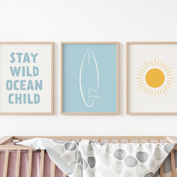 Surf wall art, 3 piece boho beach decor, Surfer boy room decor, Surf nursery decor, Printable wall art set, Downloadable prints