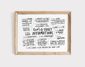 Daily Affirmations for Girls, Printable Wall Art, Horizontal Poster Digital Download, Girl Room Art Prints, Teen Girl Room Wall Decor