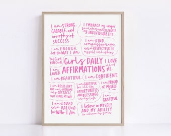 Daily Affirmations Wall Art, Printable Girls Wall Decor, Positive Affirmation Poster for Girls Room, Girls Bedroom Print, Digital Download