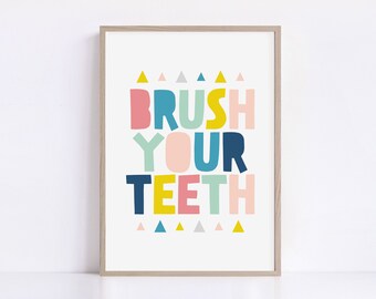 Kids Bathroom Wall Decor, Brush Your Teeth Print, Bathroom Rules Art, Printable Bathroom Wall Art, Colorful Children Poster, Digital Art