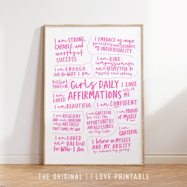 Printable daily affirmations wall art for girls with positive quotes in pink color design, inspirational girls bedroom decor, digital download poster.