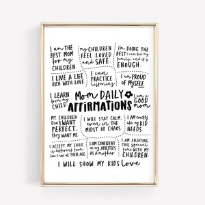 Printable wall art with new mom affirmations, positive motherhood quotes for nursery or home decor.