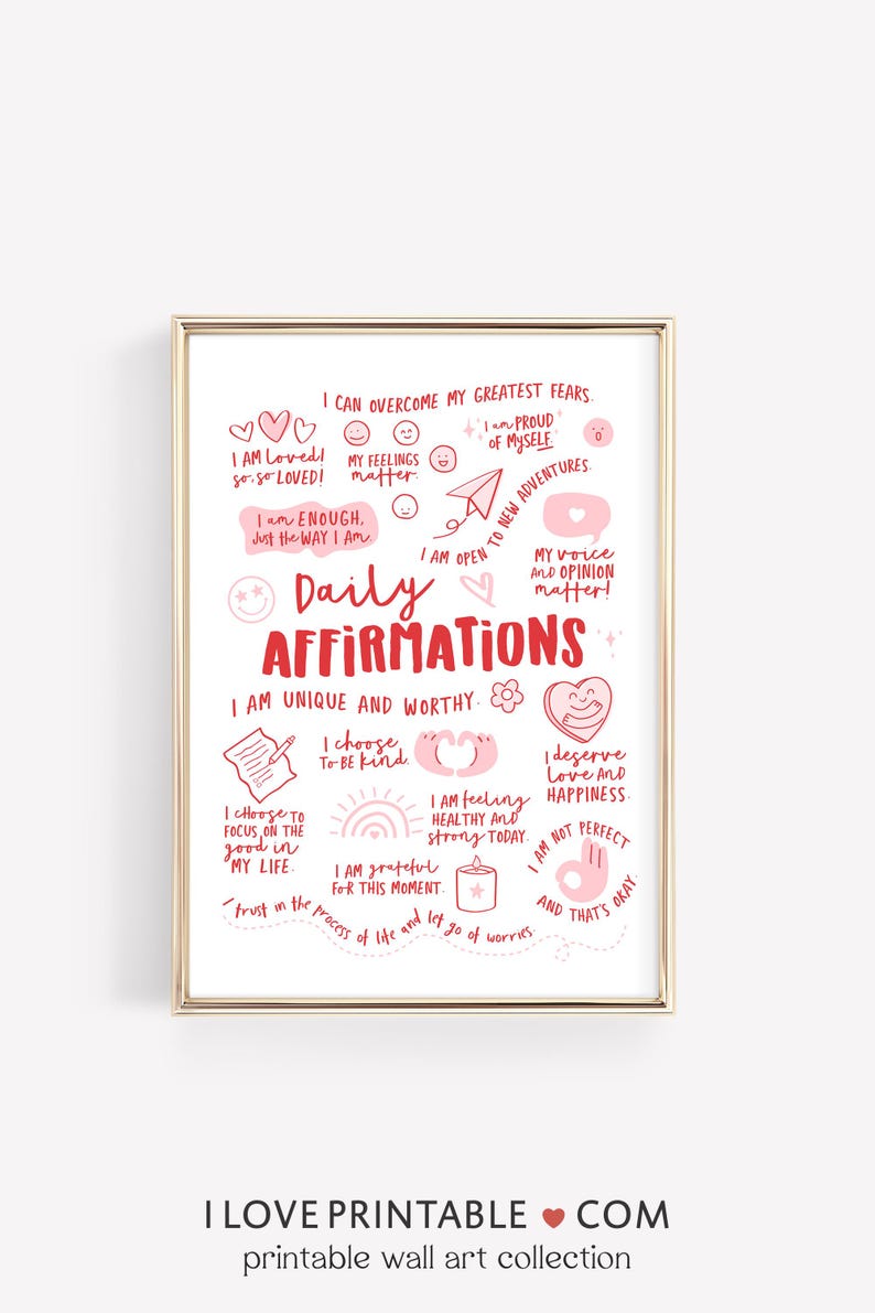 Daily Affirmations Poster - Positive Daily Reminder Prints - Printable Wall Art for Therapy Office - Instant Digital Download Decor