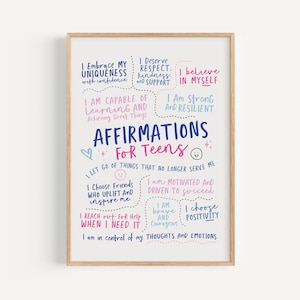 Positive Affirmations Poster Teenage Girl Affirmation Wall Art Girly Motivation Art Pink and Blue Poster Teen Girl Room Decor