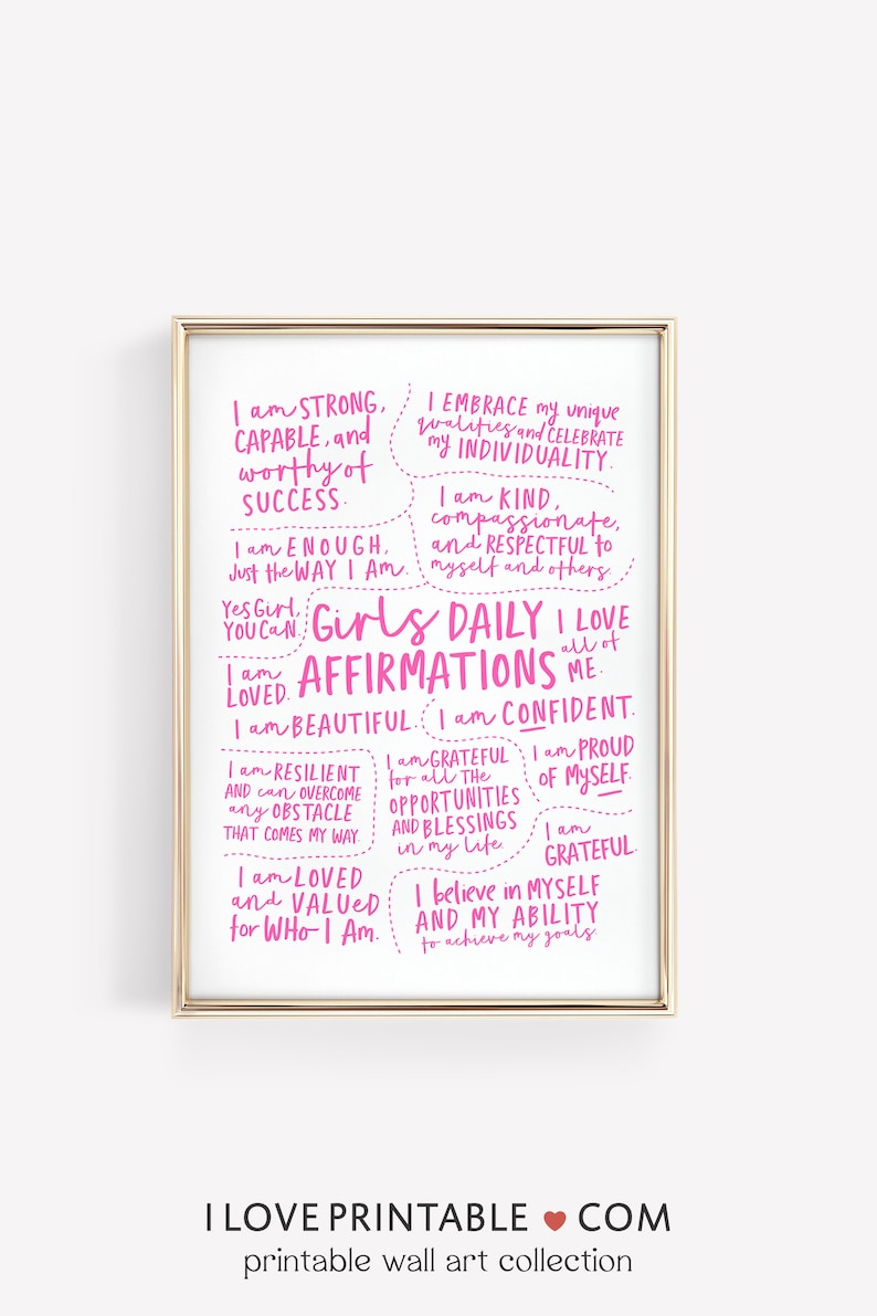 Printable daily affirmations wall art for girls with positive quotes in pink color design, inspirational girls bedroom decor, digital download poster.