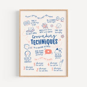 Grounding Techniques Poster, Calm Down Corner Printable, CBT Coping Skills Print, Anxiety Relief Art for Therapy Room, Digital Download