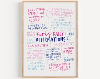 Affirmatieprint voor meisjes, roze en blauwe kamerdecoratie tienermeisje (digitale download)