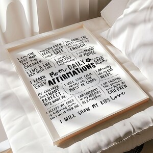 A printable daily affirmation wall art for moms, featuring encouraging and positive quotes in a stylish typography design.